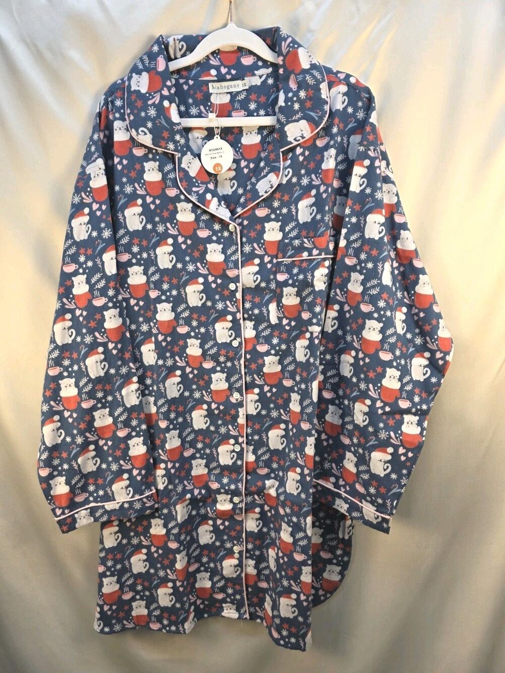 Mahogany Women's Size 1X Winter Cat's Flannel Night Shirt Pajamas Soft Evening
